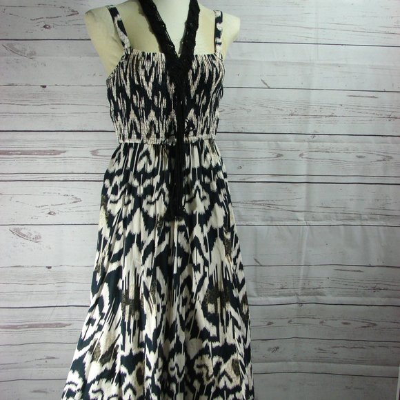 Cream Black Patterned Stretch Top Tank Dress MED - Picture 16 of 16
